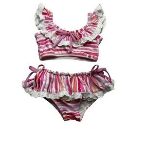 Cheeky Plum Pink Striped Lace Trimmed Ruffled Bikini Size 3T